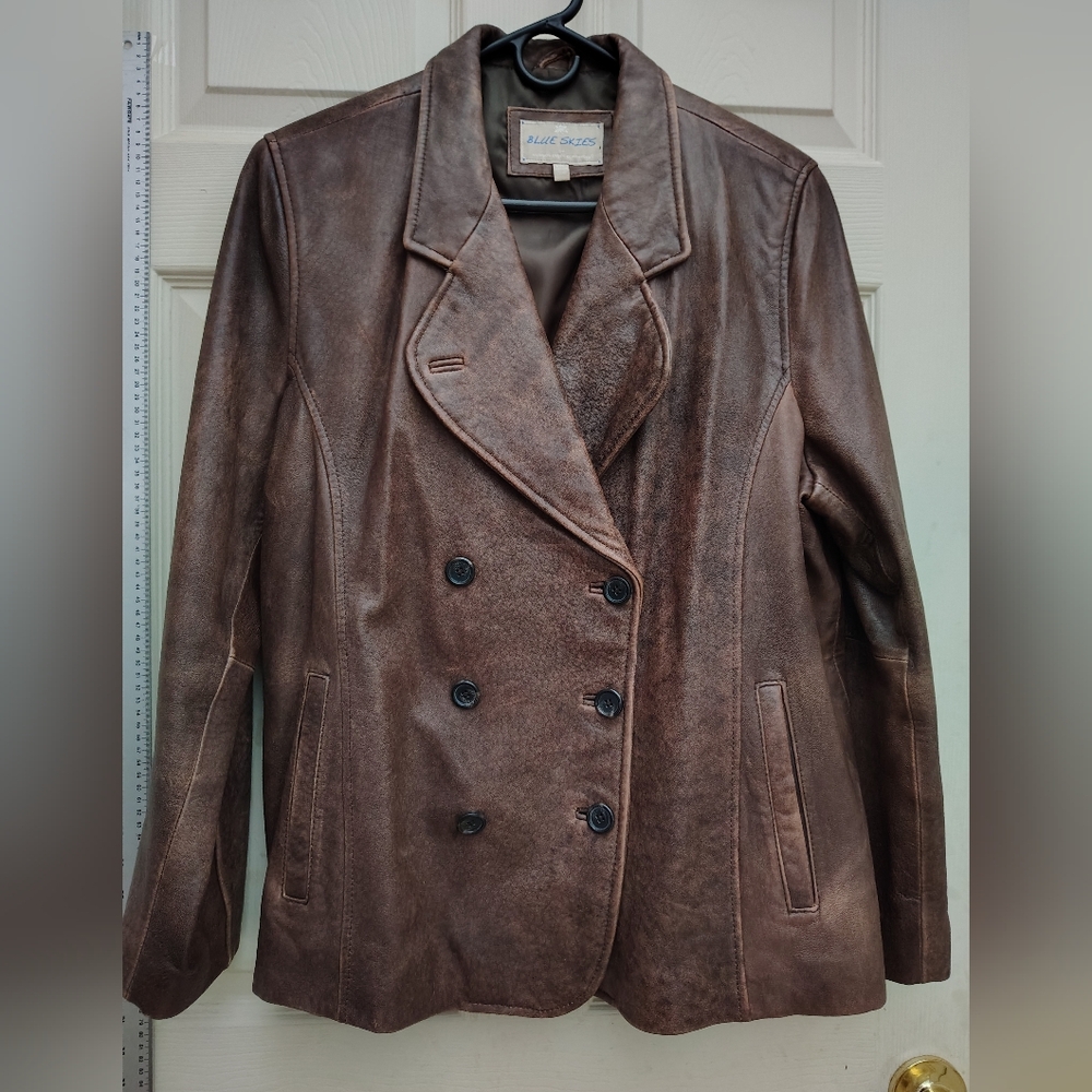 Soft & Smooth Double-breasted Brown Leather Jacket Hip Lngth Bttn sz XL-1X Nice!